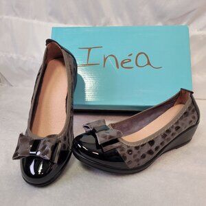 Inéa Women's Leather Ballet Bow Wedge Shoes Gray & Black Slip-On Comfort Fit 37